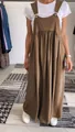 Front detail of women's brown cotton linen suspender maxi dress with white t-shirt layer - S / Bottoms / Dark Brown