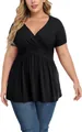 Plus size women's black V-neck short sleeve T-shirt with wrap empire waist design - L / Tops / Black