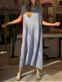 Vestido maxi de algodón y lino sin mangas con capas en azul claro para mujer en tienda - S / Vestidos / Aguamarina
