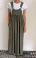 Women's olive green cotton linen suspender maxi dress with white tee detail view - S / Bottoms / Army Green