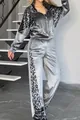Side view of silver velvet tracksuit with leopard print details on sleeves and pants - S / Top And Bottom / Gray