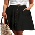 Casual women's high waisted black A-line skirt featuring chic decorative buttons - S / Black