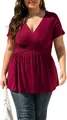 Casual women's plus size V-neck short sleeve pleated hem top in wine red color - L / Tops / Burgundy