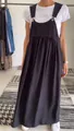 Black cotton linen pinafore maxi dress for women shown on a model - S / Bottoms / Black