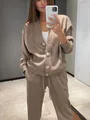 Women's stylish taupe knit two-piece set featuring oversized button cardigan and pants - S / Top And Bottom / Coffee