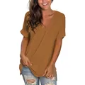 Casual women's V-neck loose fit short sleeve t-shirt in ginger brown color - S / Tops / Khaki