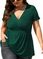 Plus size dark green V-neck short sleeve top with empire waist detail for women - L / Tops / Dark Green