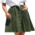 Jupe mi-longue évasée à taille haute avec boutons et poches de couleur vert foncé - Vert Militaire