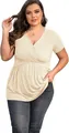 Plus size women's beige V-neck short sleeve T-shirt with ruched waist - L / Tops / Apricot