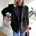 Κομψό μαύρο μάλλινο σακάκι blazer με ριμπ πλεκτά μανίκια και σταυρωτό σχέδιο για γυναίκες - S / Μπλούζα (5033#) / Μαύρο