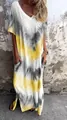 Maxi abito tie-dye con scollo a V, spacchi laterali e maniche corte in giallo e grigio - Giallo