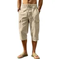 Close-up detail of men's loose linen cargo capri pants with elastic drawstring waist - S / Bottoms / Khaki