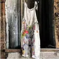 White vintage sleeveless jumpsuit with cute rabbit floral print and wide legs - S / Top And Bottom / White Watercolor Rabbit Print (Flower 40)