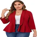 Plus size red peplum blazer with shawl collar and 3/4 sleeves for casual women's wear. - 2XL / Tops / Burgundy