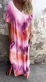 Abito lungo estivo con scollo a V e vivaci motivi tie-dye sfumati rosa e arancione - viola-rosso