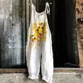 Vintage white floral print wide leg jumpsuit with tie-up straps for summer wear - S / Top And Bottom / White Sunflower Print (Flower 37)