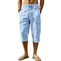 Men's summer linen cargo shorts in light blue with drawstring elastic waist for beach - S / Bottoms / Light Blue