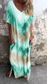 Abito lungo casual con scollo a V e stampa tie-dye con spacchi laterali - Ciano