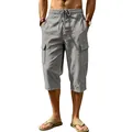 Men's casual linen cargo capris in grey with drawstring waist and side pockets - S / Bottoms / Dark Gray