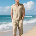 Men's khaki linen polo shirt and cropped pants two-piece set for summer beach vacations - S / Top And Bottom / Light Khaki