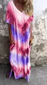 Vestito lungo casual con scollo a V, maniche corte e tasche, motivo tie-dye rosa - Viola