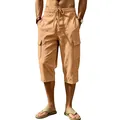Men's casual summer linen cargo three-quarter pants in apricot with drawstring waist. - Earthy Yellow