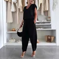 Elegant black two-piece linen set for women featuring V-neck top and loose casual pants - S / Top And Bottom / Black