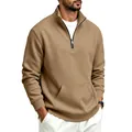Close-up detail of men's solid tan half-zip fleece sweatshirt with stand collar and pocket - S / Tops / Camel