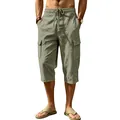 Detailed view of men's summer linen cargo shorts in olive green with drawstring waist - Army Green