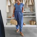 Stylish summer casual blue linen ice silk set with loose pants and short sleeves - S / Top And Bottom / Grey Blue