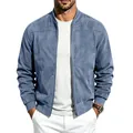 Close-up detail of blue faux suede bomber jacket with front zipper and ribbed collar - S / Tops / Light Blue