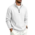 Close-up of white men's half-zip fleece sweatshirt showing stand collar and pocket - S / Tops / White