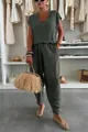 Chic dark green summer linen blend two-piece casual lounge set with V-neck top for women - S / Top And Bottom / Army Green