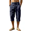 Men's casual navy blue linen 3/4 cargo pants with elastic drawstring waist and pockets - Navy Blue