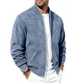 Close-up of men's blue suede bomber jacket with ribbed collar and zipper detail. - S / Tops / Denim Blue