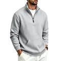 Detail of men's grey half-zip fleece sweatshirt featuring stand collar and pocket - S / Tops / Light Gray
