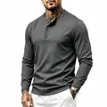 Detailed view of dark grey long-sleeved Henley shirt for men's casual wear - M / Tops / Dark Gray