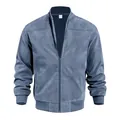 Detailed view of men's blue suede bomber jacket with front zipper and baseball collar - S / Tops / Aqua