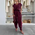 Casual summer linen ice silk two-piece pant set for women in burgundy wine red color - S / Top And Bottom / Burgundy