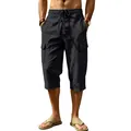 Detailed front view of men's black linen cargo cropped pants for summer beach wear - Black