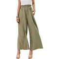 High-waisted olive green wide-leg pants in loose-fitting cotton-linen fabric - S / Bottoms / Green