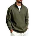 Detail view of men's olive green half-zip sweatshirt with stand collar and pocket - Army Green