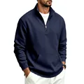 Detail view of men's navy blue half-zip sweatshirt with stand collar and pocket - Navy Blue