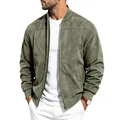 Close-up detail of the green suede bomber jacket for men with a classic baseball collar. - S / Tops / Army Green