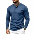 High-quality detail of men's blue long-sleeve Henley shirt featuring buttoned collar - Denim Blue