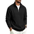 Detail view of men's black half-zip fleece sweatshirt with a stylish stand collar - Black