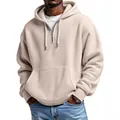 Cream waffle knit hooded sweatshirt with quarter-zip and kangaroo pocket for men - Apricot