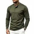 Men's olive green long-sleeve Henley shirt in a slim-fit knitted cotton blend - M / Tops / Army Green