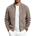 Classic men's suede bomber jacket with front zipper and baseball collar in khaki. - S / Tops / Khaki (BUTZ-55)
