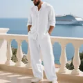 Men's white linen two-piece set featuring stand collar long sleeve shirt and loose pants - S / Top And Bottom / White